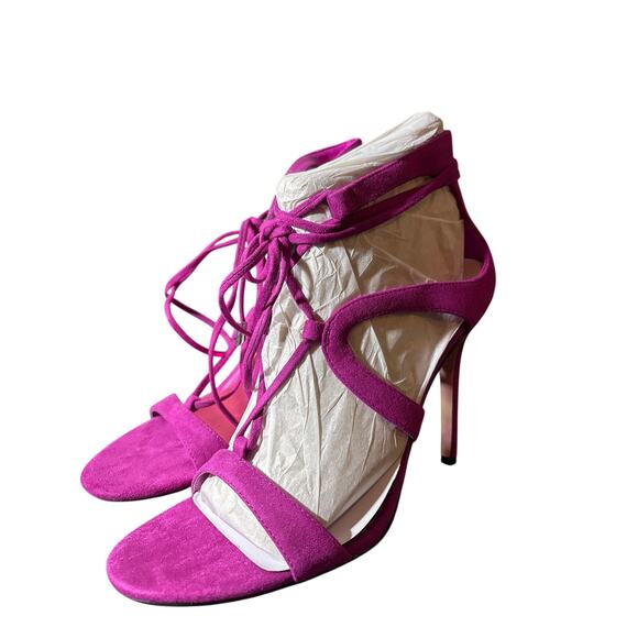 Nine West Mindi ankle wrap high heeled sandal pink faux suede Size 9.5 lace up - Picture 3 of 5